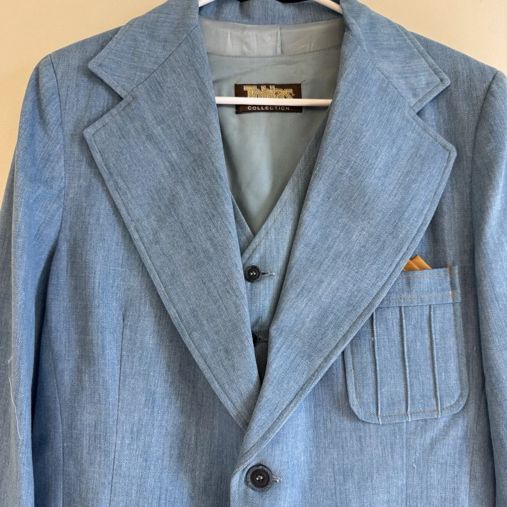 Tobias LA Men's VTG 70s Light Blue Denim Look Leisure Suit Three Piece Size 42 - Picture 3 of 16